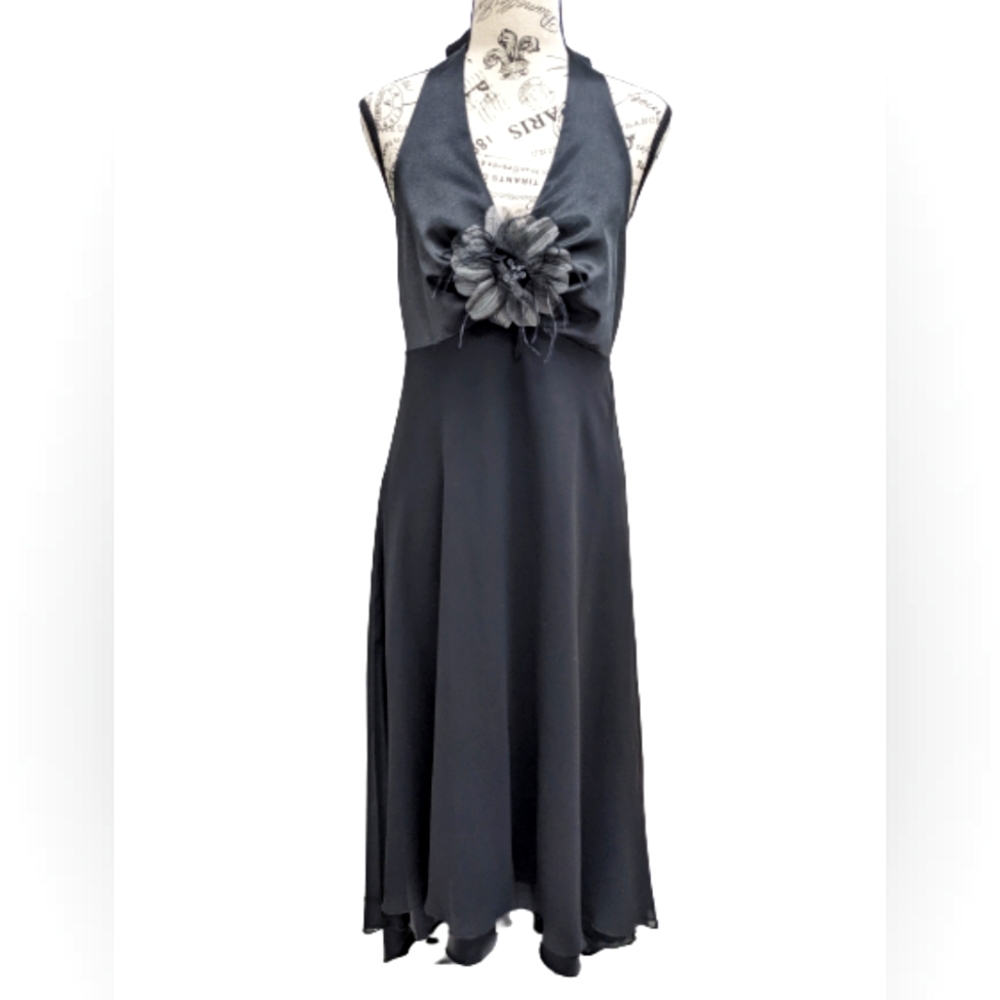Frank Lyman black halter top high low midi dress with flower applique